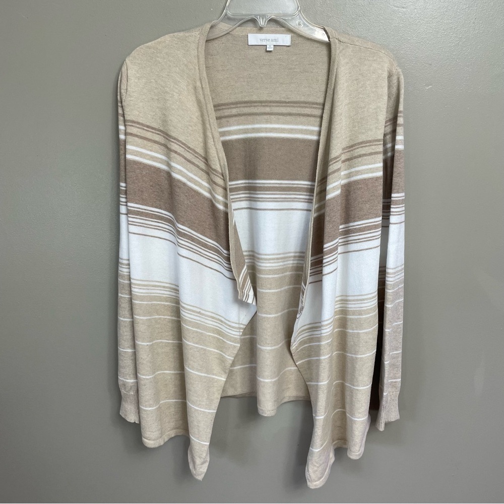 Verve Ami women’s Medium Neutral Minimalist Stripe Open Front Cardigan tan
